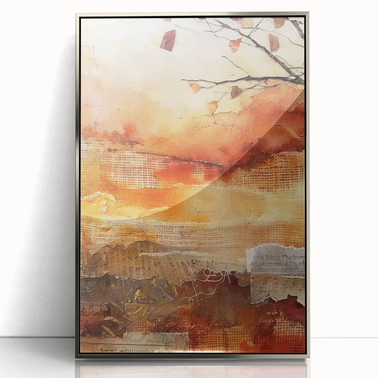 Mid-century modernist art depicting autumn leaves in orange and brown hues, silver-framed acrylic print.