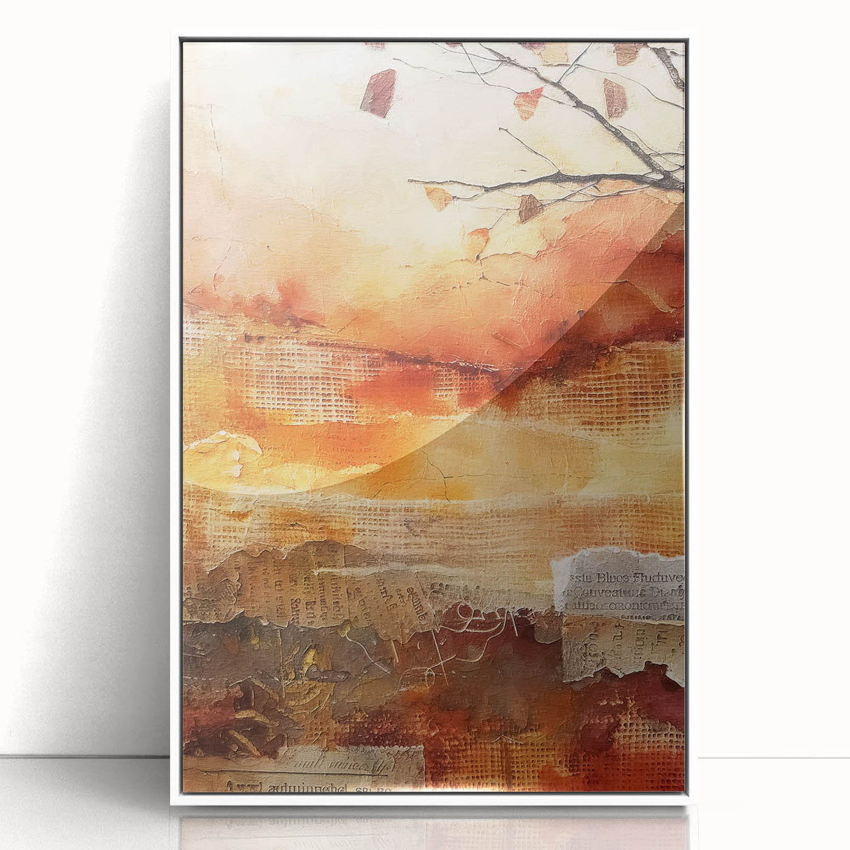 Art deco poster featuring autumnal trees in muted orange and brown tones, acrylic print framed in white.