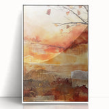 Art deco poster featuring autumnal trees in muted orange and brown tones, acrylic print framed in white.