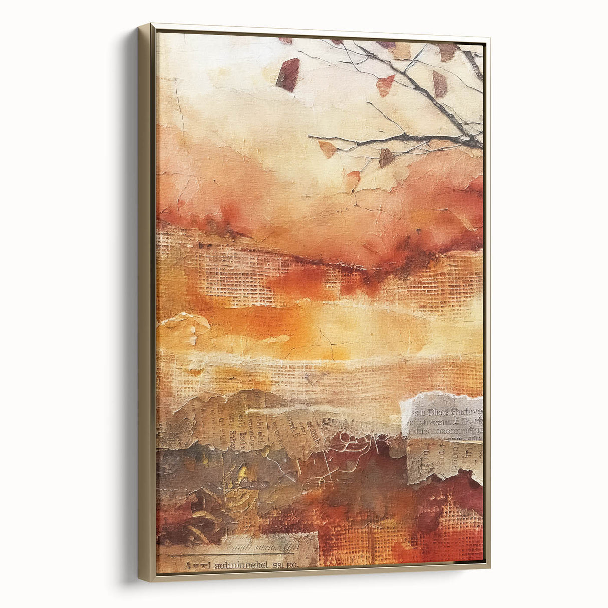 Framed canvas featuring a vintage-style landscape painting with autumnal trees in gold and black tones.