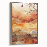 Framed canvas depicting a vintage-style landscape art painting with colorful autumn trees and a black background.