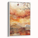 Framed canvas vintage poster art featuring an autumnal scene with rich orange and brown tones, ideal for living room decor.