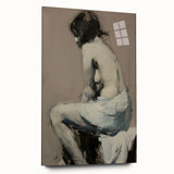 Abstract figurative acrylic artwork displayed from the side, showcasing vibrant colors and fluid shapes on a glass surface, ideal for modern decor.