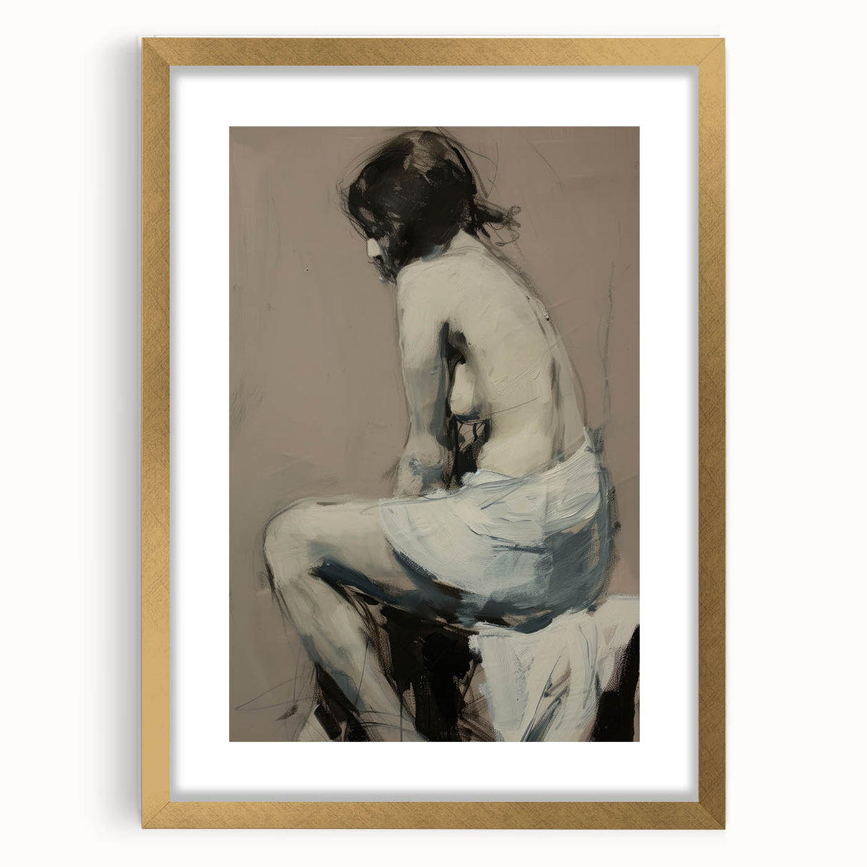 Abstract figurative frame with a gold mat, showcasing a minimalist design perfect for modern decor. Ideal for enhancing living spaces or galleries.