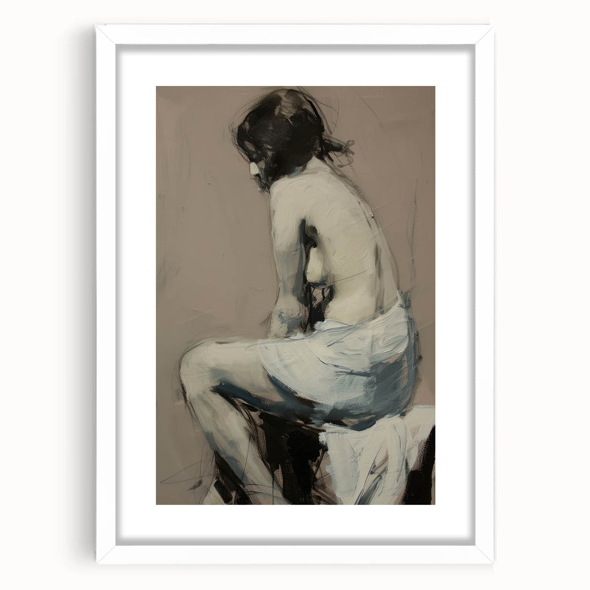 Abstract figurative art frame in a white mat, showcasing a modern design with vibrant colors and intricate details, perfect for contemporary home decor.