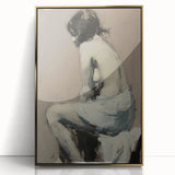 Framed abstract figurative artwork with gold accents, showcasing a modern design that enhances contemporary decor, placed against a neutral background.