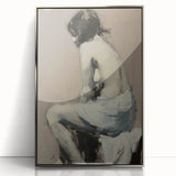 Framed acrylic artwork showcasing an abstract figurative design in silver tones, perfect for modern home decor. The piece adds sophistication and style to any interior setting.