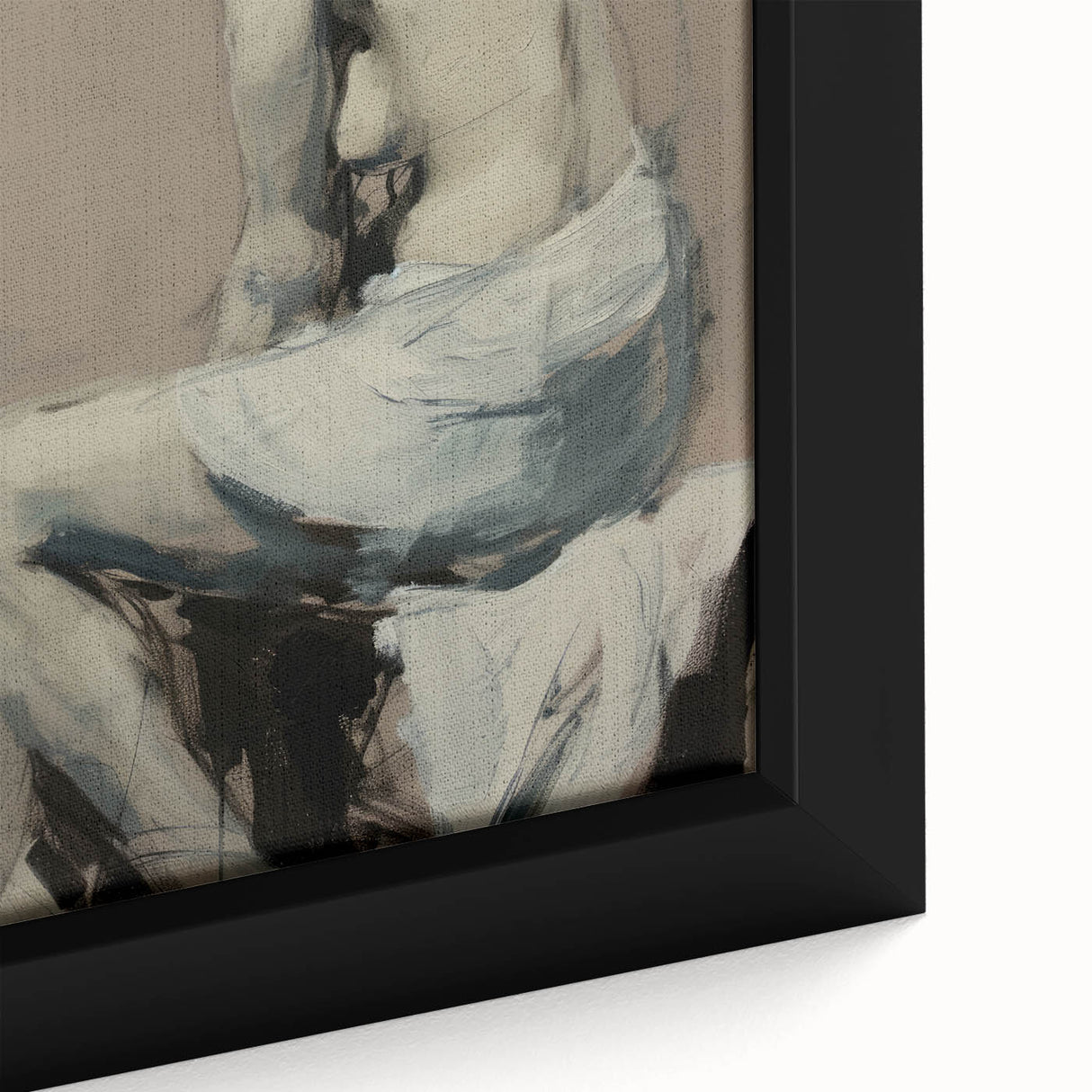 Close-up of a framed abstract figurative canvas artwork showcasing vibrant colors and intricate textures, perfect for modern home decor or art enthusiasts.