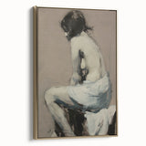 Framed abstract figurative canvas artwork with gold accents, showcasing a modern design. Side view highlights its elegant frame and vibrant colors, perfect for contemporary decor.