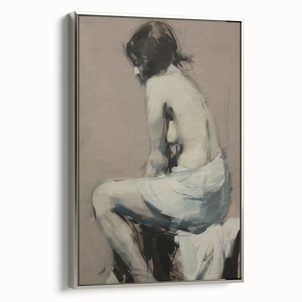 Framed abstract figurative canvas art in a sleek silver frame, showcasing vibrant colors and dynamic shapes, ideal for modern home decor and artistic spaces.