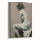 Framed abstract figurative canvas art in a sleek silver frame, showcasing vibrant colors and dynamic shapes, ideal for modern home decor and artistic spaces.