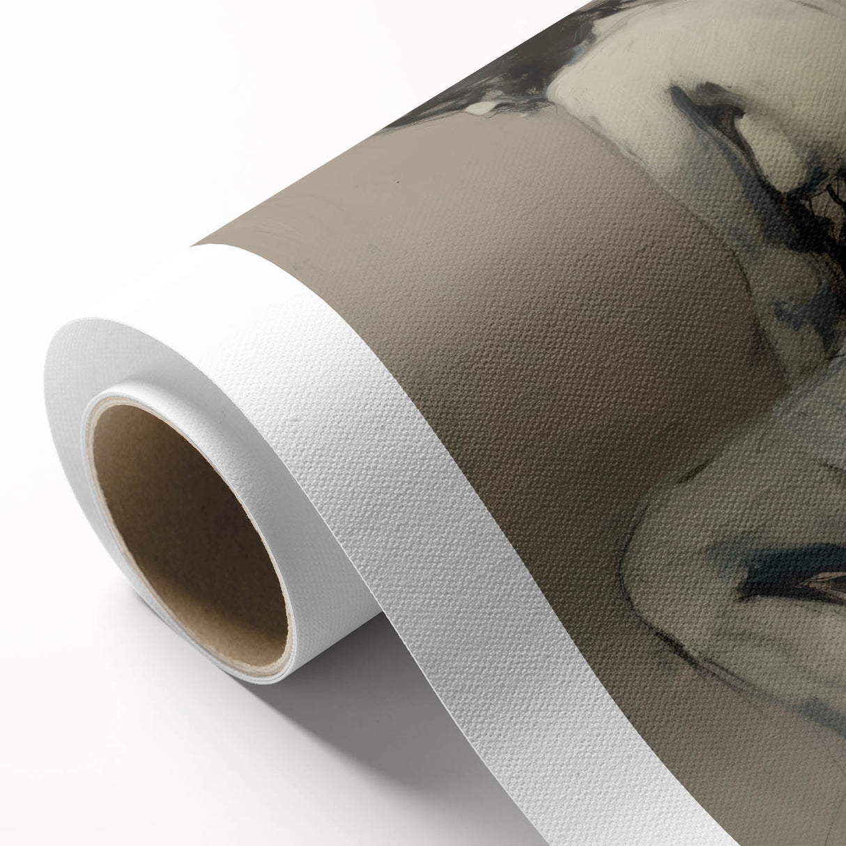 Abstract figurative rolled canvas artwork showcasing vibrant colors and intricate patterns, elegantly packaged in a protective cardboard tube for delivery.