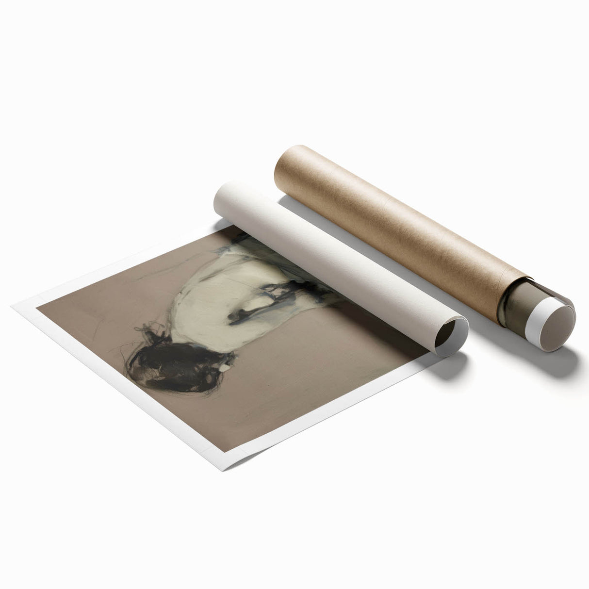 Abstract figurative rolled print showcasing vibrant colors and dynamic shapes, ideal for modern home decor, packaged securely in a protective cardboard tube.