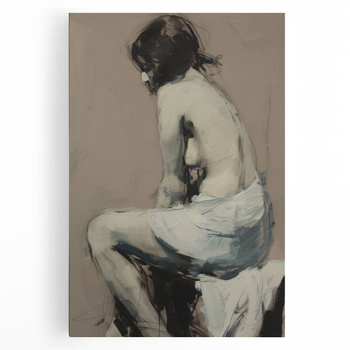 Abstract figurative stretched canvas artwork showcasing vibrant colors and dynamic shapes, perfect for modern home decor, displayed in a front view setting.