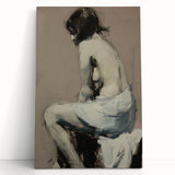 Abstract figurative art on stretched canvas, showcasing vibrant colors and dynamic shapes, leaning against a textured wall, perfect for modern home decor.