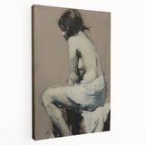 Abstract figurative stretched canvas artwork showcasing vibrant colors and dynamic shapes, ideal for modern home decor, displayed from a side view.