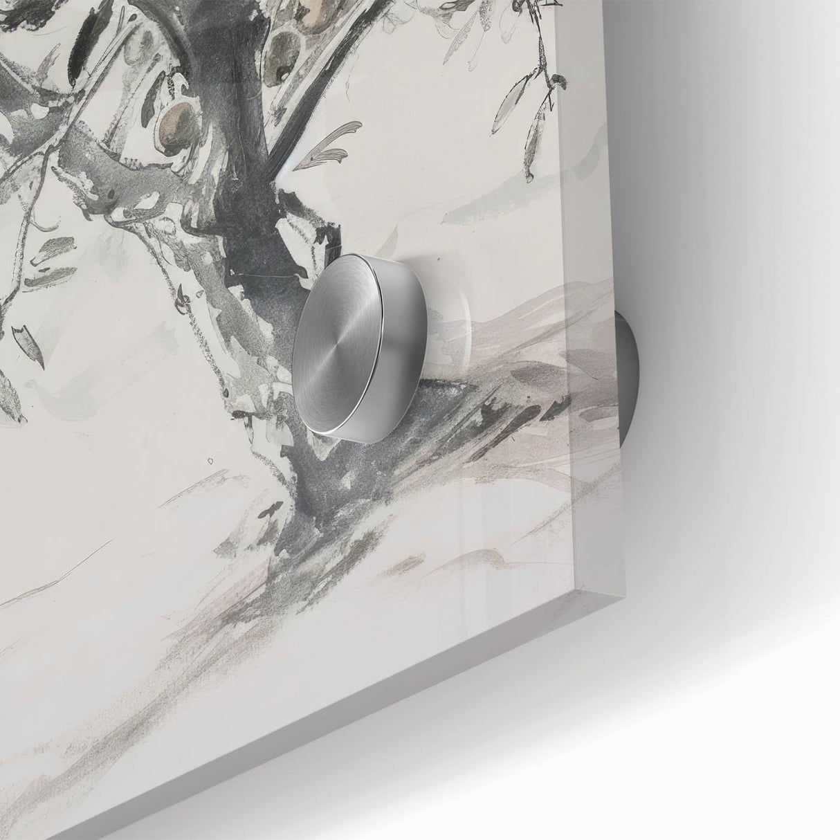 Close-up of vibrant abstract floral design on acrylic glass, showcasing intricate details and colors of blue, pink, and green for modern home decor.