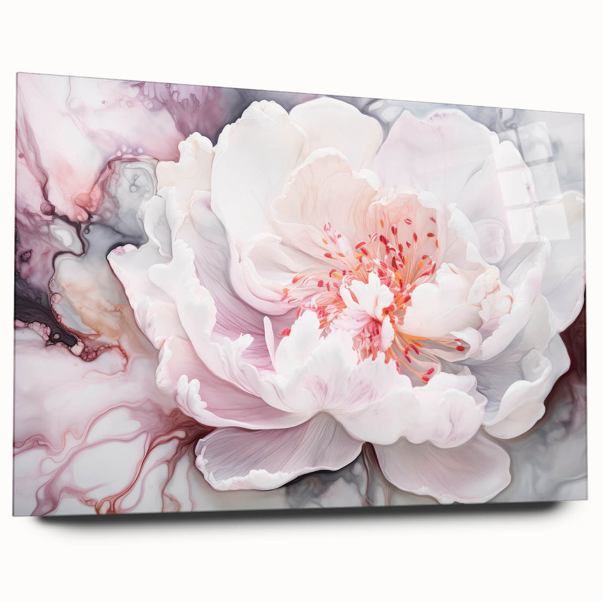 Abstract floral acrylic glass artwork showcasing vibrant colors and intricate designs, viewed from the side, highlighting its modern aesthetic and sleek finish.