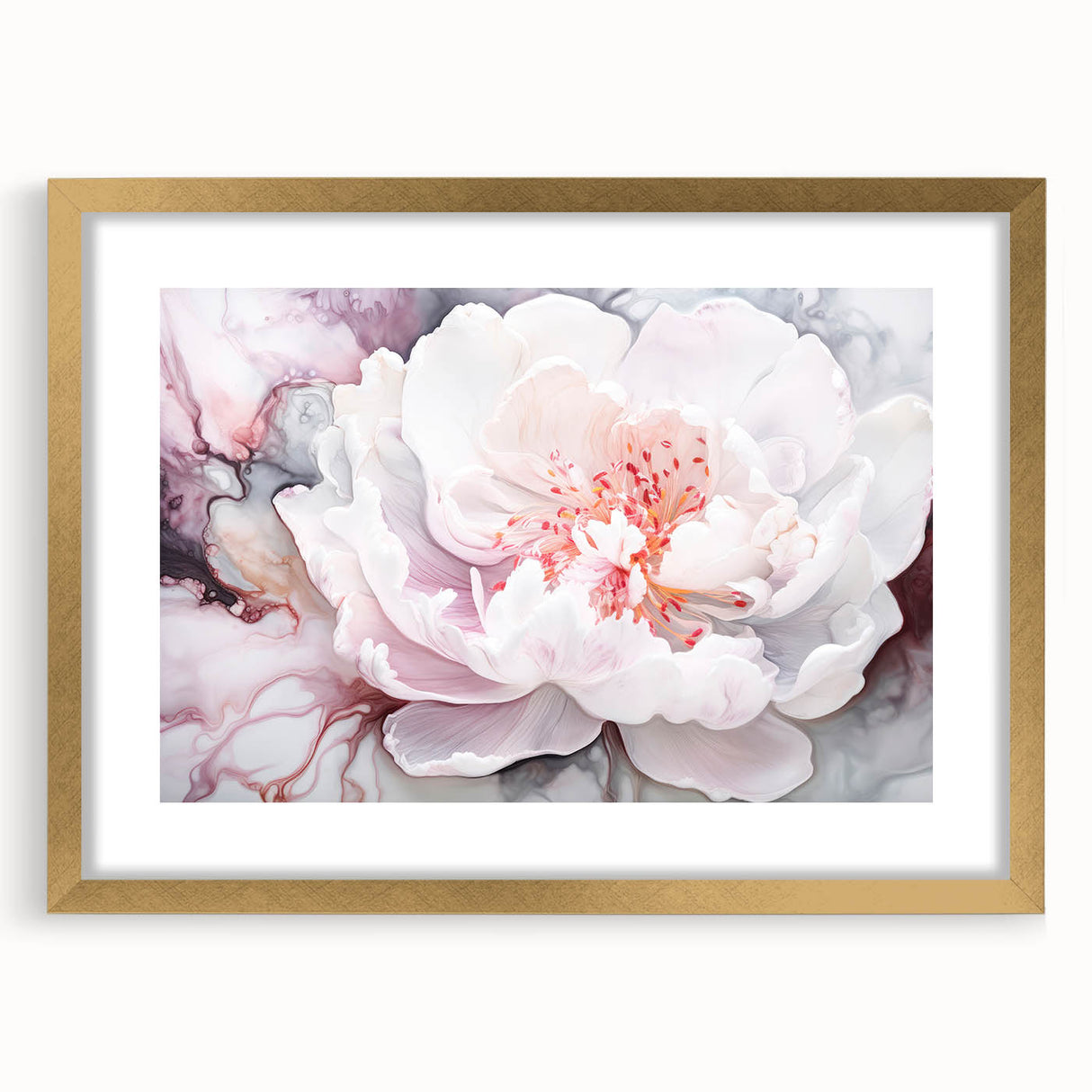 Elegant abstract floral frame with a gold mat, showcasing vibrant colors and intricate designs, perfect for enhancing home decor or gallery walls.