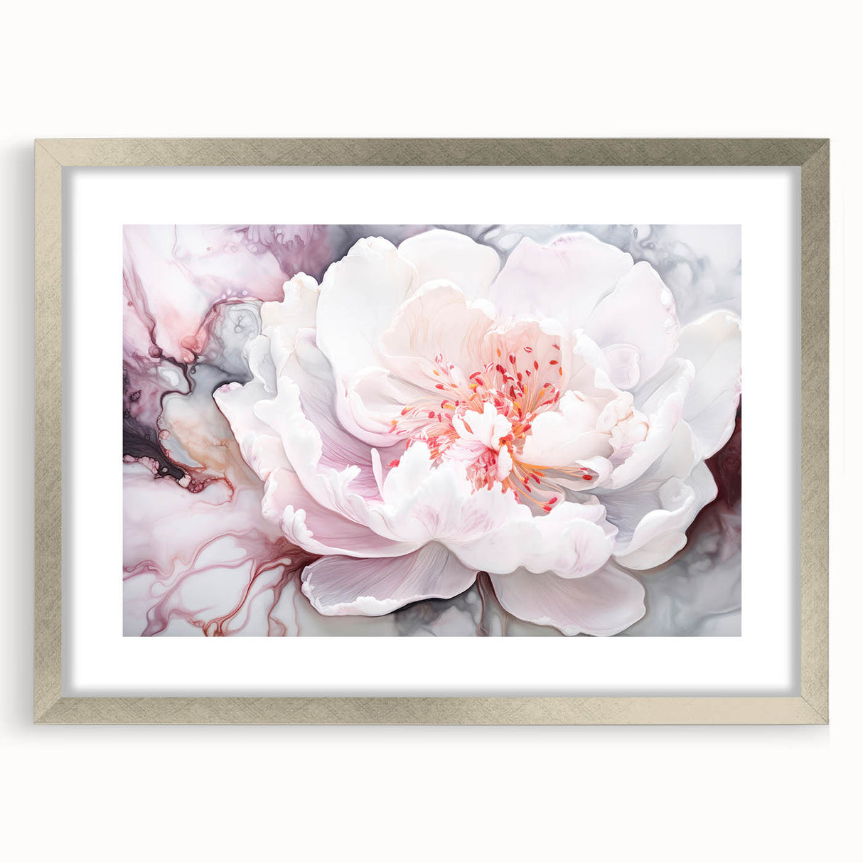 Abstract floral wall art framed in a silver mat, showcasing vibrant colors and intricate designs, perfect for modern home decor and artistic aesthetics.