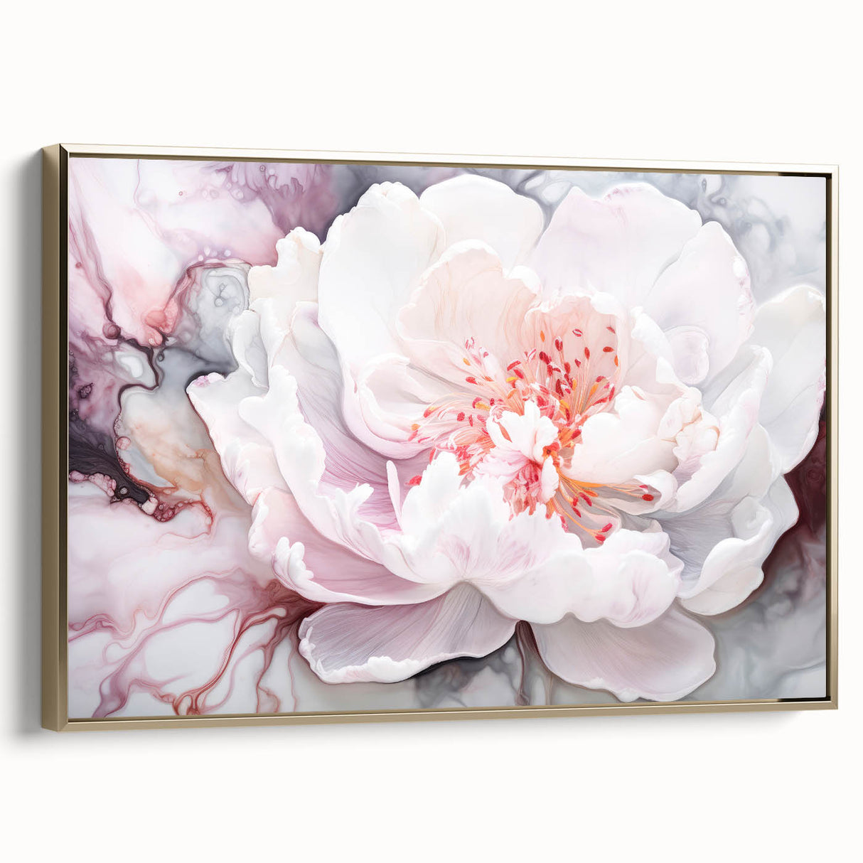 Framed canvas artwork showcasing an abstract floral design with vibrant colors and gold accents, elegantly displayed in a sleek gold frame, ideal for modern decor.