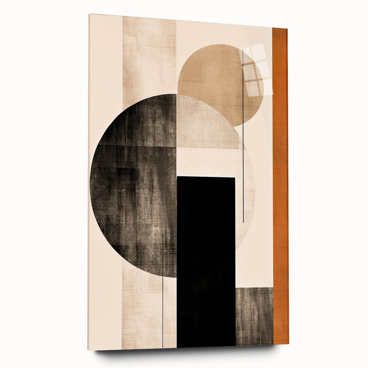 Abstract minimalist wall art displayed in a side view, showcasing an acrylic glass frame with no visible pins, emphasizing the clean, modern design.