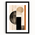 Abstract minimalist wall art framed in black with a white mat, showcasing geometric shapes and soft gray tones, ideal for modern home decor.