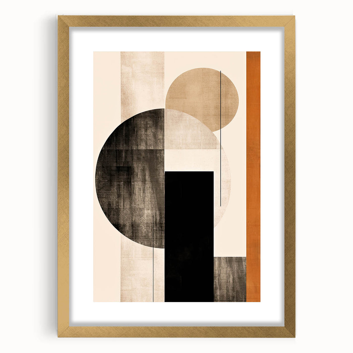 Abstract minimalist wall art framed in gold, showcasing a geometric design with soft neutral colors, perfect for modern home decor. Ideal for adding elegance to any room.