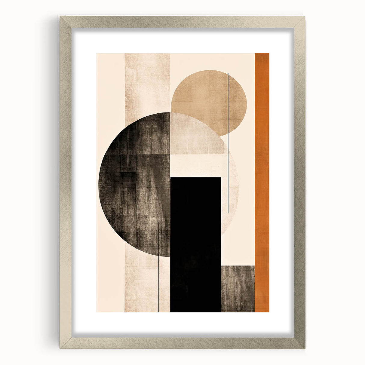 Abstract minimalist wall art framed with a silver mat, showcasing geometric shapes in soft pastel colors, ideal for modern home decor or office spaces.