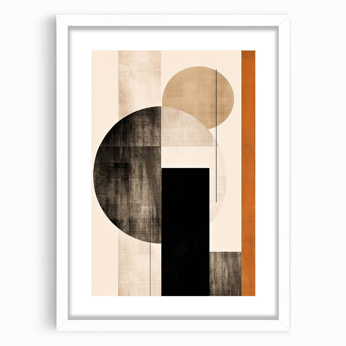 Abstract minimalist wall art framed in white with a mat, showcasing geometric patterns and soft neutral tones, ideal for modern home decor.
