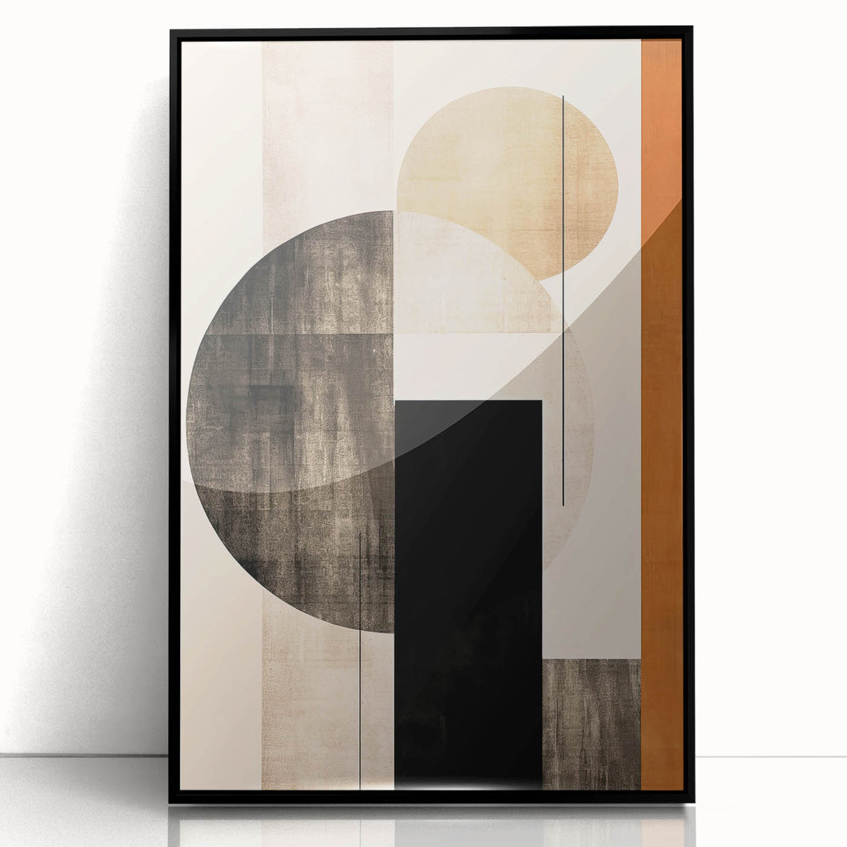Framed abstract minimalist wall art with black acrylic front, showcasing geometric shapes and a sleek design, ideal for modern home decor. Perfect for adding a contemporary touch to any room.