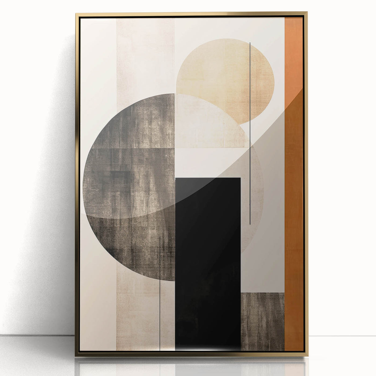 Framed abstract minimalist wall art featuring a gold-accented design, set against a sleek acrylic background, ideal for modern home decor and stylish interiors.
