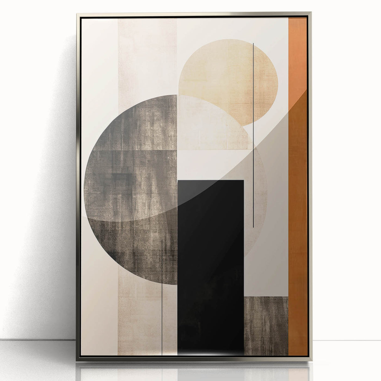 Framed minimalist abstract wall art featuring a silver acrylic front, showcasing elegant geometric patterns, perfect for modern home decor.