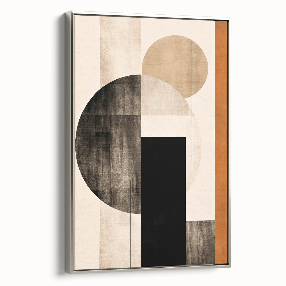 Framed abstract minimalist wall art showcasing a silver color palette, elegantly displayed from a side view, perfect for modern home decor.