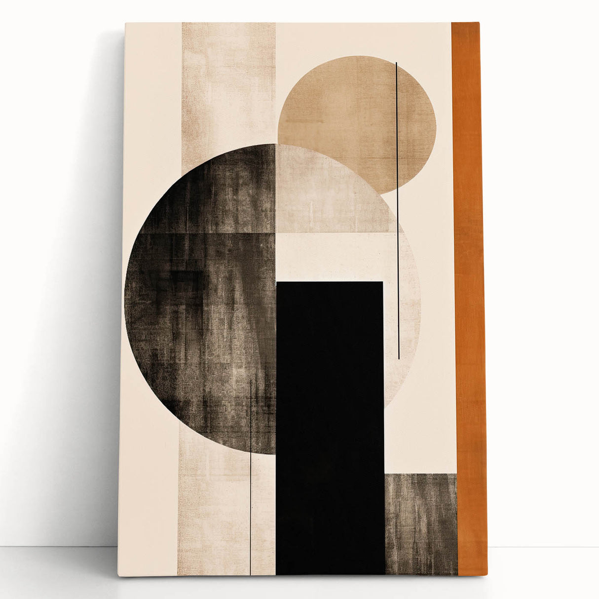 Abstract minimalist wall art on stretched canvas, featuring a soft color palette of beige, gray, and white, leaning against a neutral wall, ideal for modern decor.
