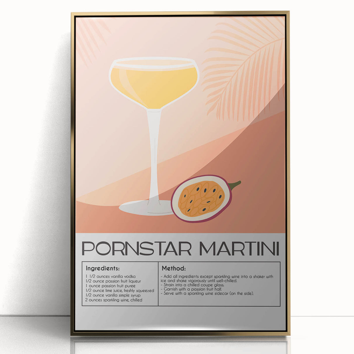 Large art print of a mid-century modernist food and drinks theme in gold tones, framed acrylic.