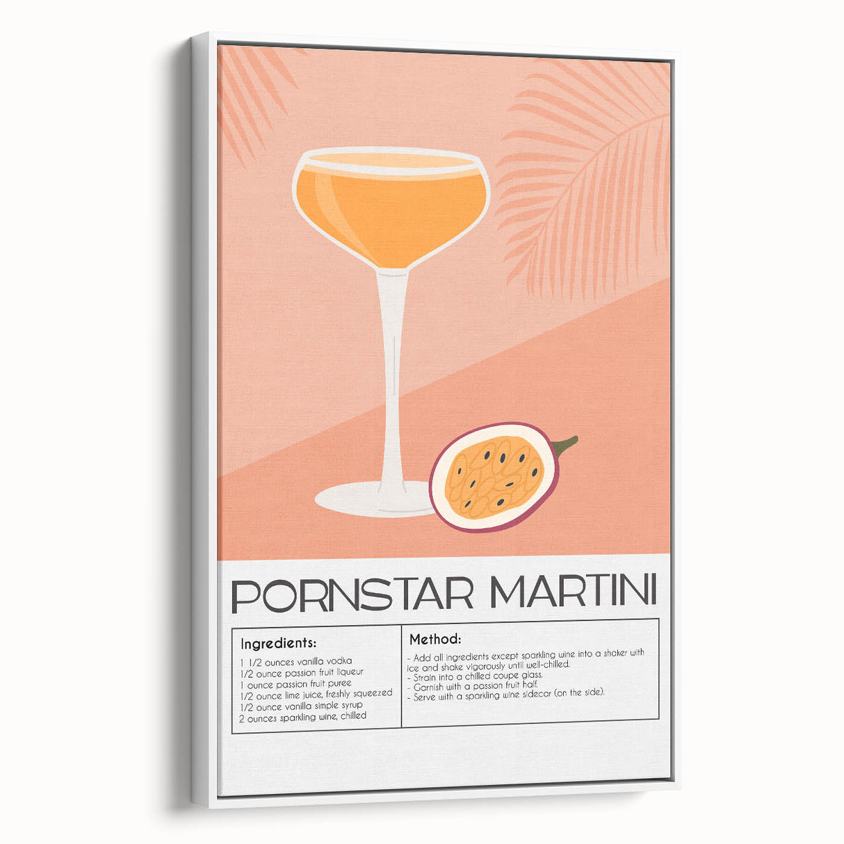 Vintage poster art of colorful food and drinks on a white framed canvas, ideal for living room decor.