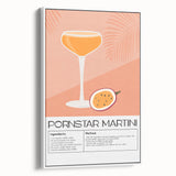 Vintage poster art of colorful food and drinks on a white framed canvas, ideal for living room decor.