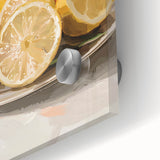 Close-up of large abstract wall art featuring assorted fruits in vibrant colors on acrylic glass.