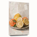 Acrylic print of large abstract wall art featuring an assortment of fruits in vivid colors, ideal for dining room decor.