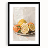 Extra large abstract art print featuring vibrant, colorful fruits on textured canvas, framed in black.