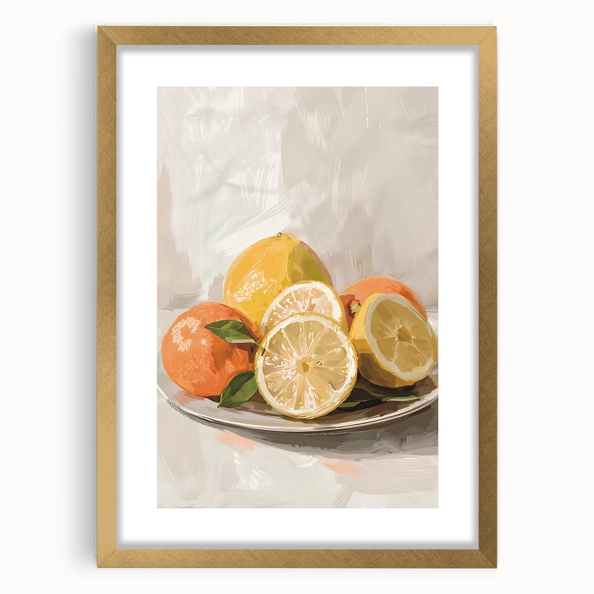 Extra large abstract art print featuring textured fruits in vibrant colors on a gold-framed canvas.