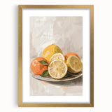 Extra large abstract art print featuring textured fruits in vibrant colors on a gold-framed canvas.