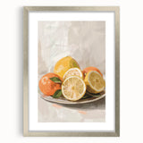 Textured art of abstract fruits in muted earth tones, framed in silver, ideal for bedroom wall decor.