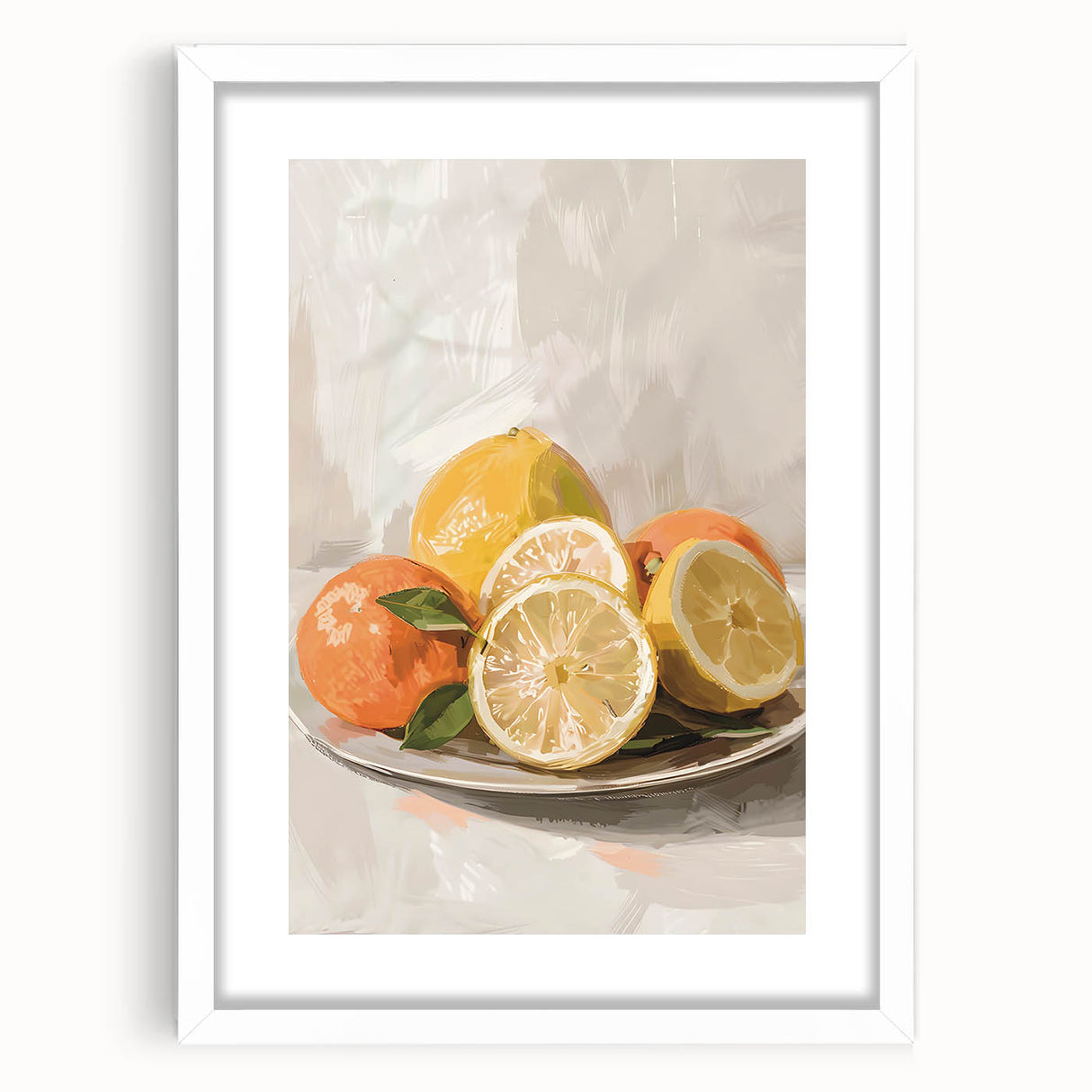 Abstract art print featuring assorted fruits in vibrant colors on a white framed mat, suitable for dining room decor.