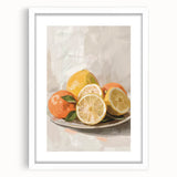 Abstract art print featuring assorted fruits in vibrant colors on a white framed mat, suitable for dining room decor.