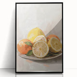 Large abstract wall art featuring assorted fruits in bold colors on a black acrylic framed print, suitable for kitchen decor.