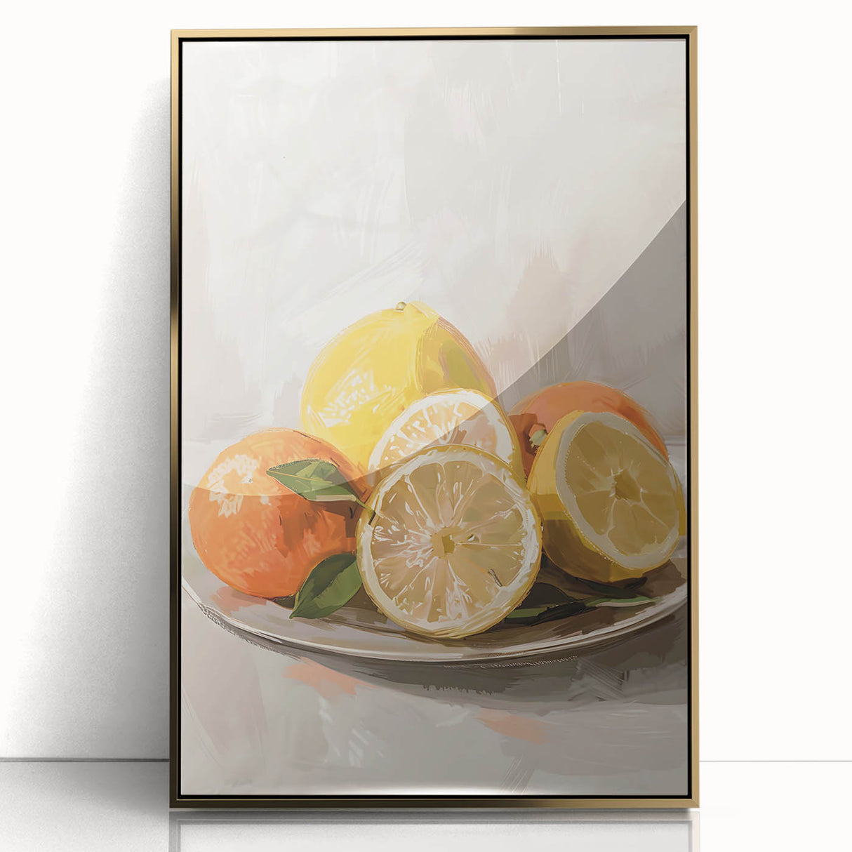 Large art print of assorted fruits in vibrant colors on a gold-framed acrylic, styled in mid-century modernist design.