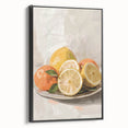 Black and white framed canvas featuring a vintage poster art style landscape with assorted fruits.