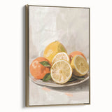 Framed canvas featuring a vintage poster art style landscape of fruit, with muted gold and black tones.